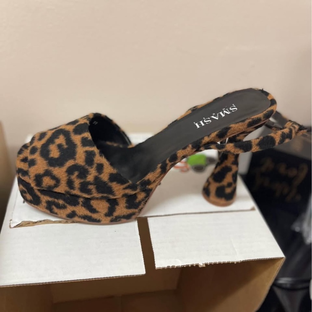 Brown and Black High Heeled Mules with Leopard Print